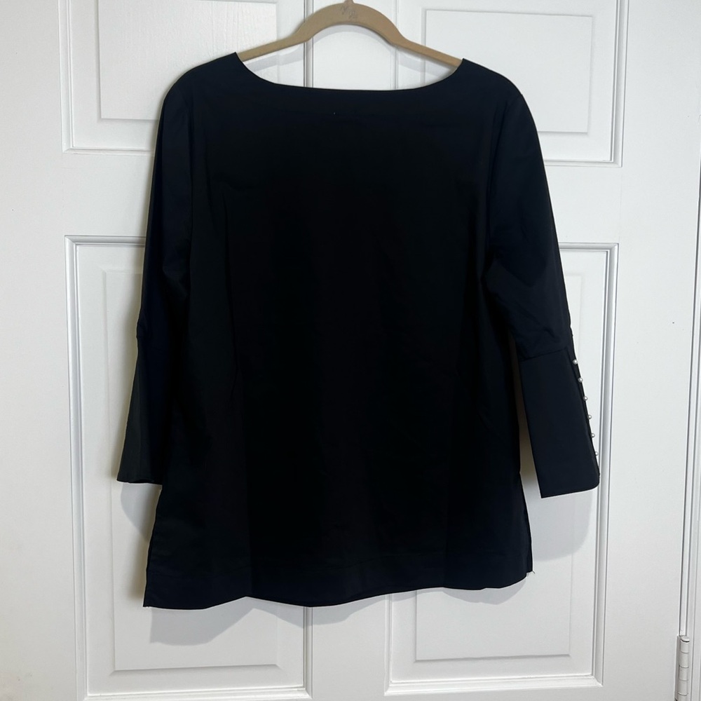 Hinson Wu Black Flared Sleeve Pearl‎ Accent Blouse 8 Quiet Luxury Professional